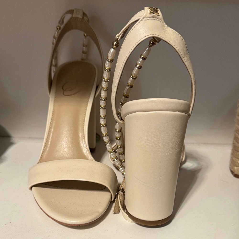 Sam Edelman Cream Heels with Gold and Pearl Details